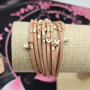 Erica Lyons Multi-Strand Tan Leather Gold Charm Bracelet Boho Magnetic Closure